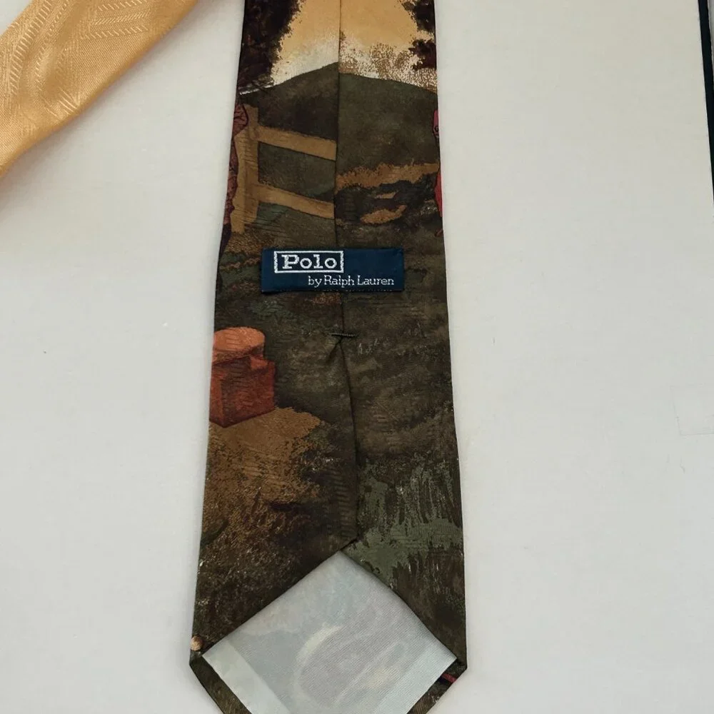 Polo By Ralph Lauren Golf Scene Neck Tie Gold Multicolor Silk Hand Made USA VTG